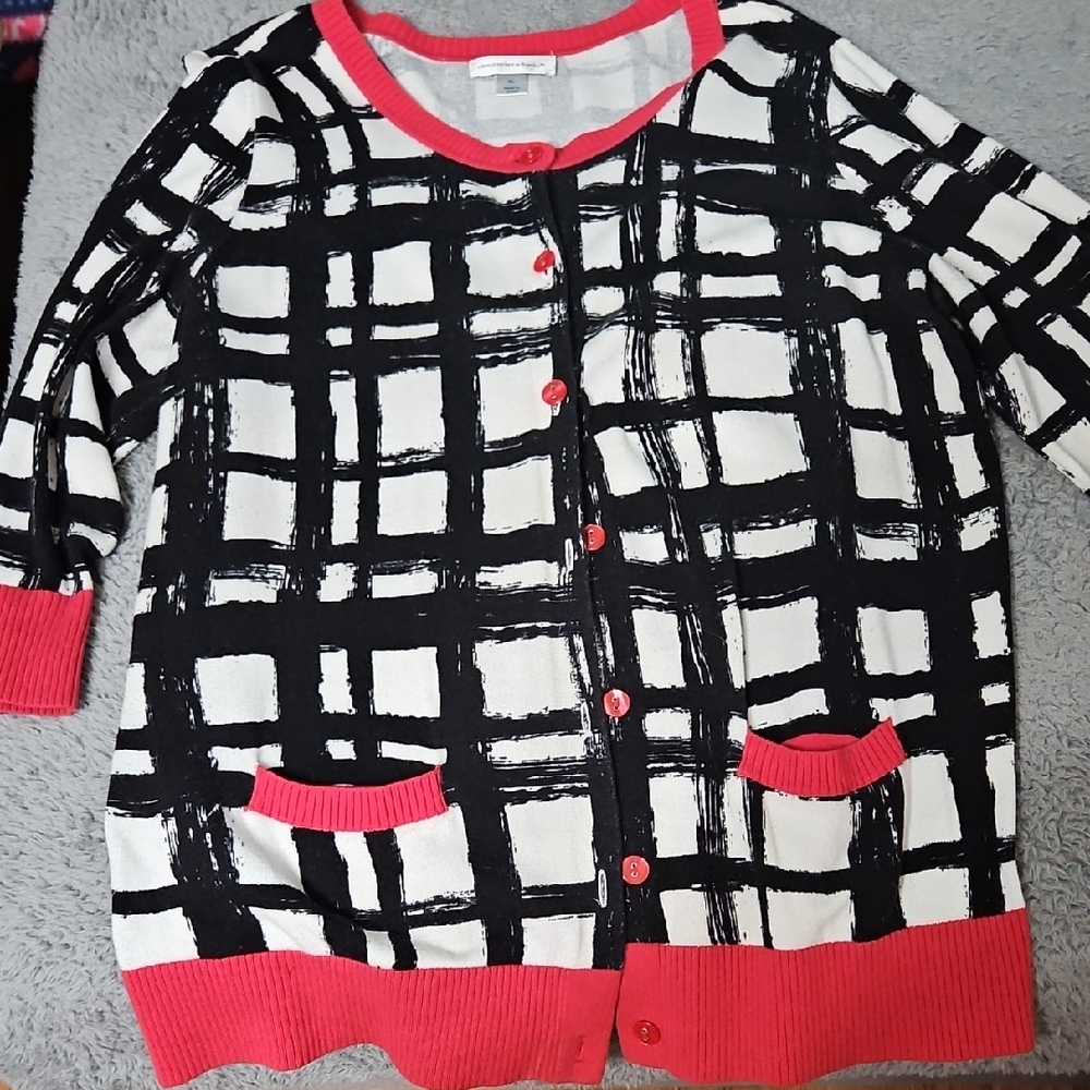 Christopher & Banks Black and White Cardigan with Red Accents